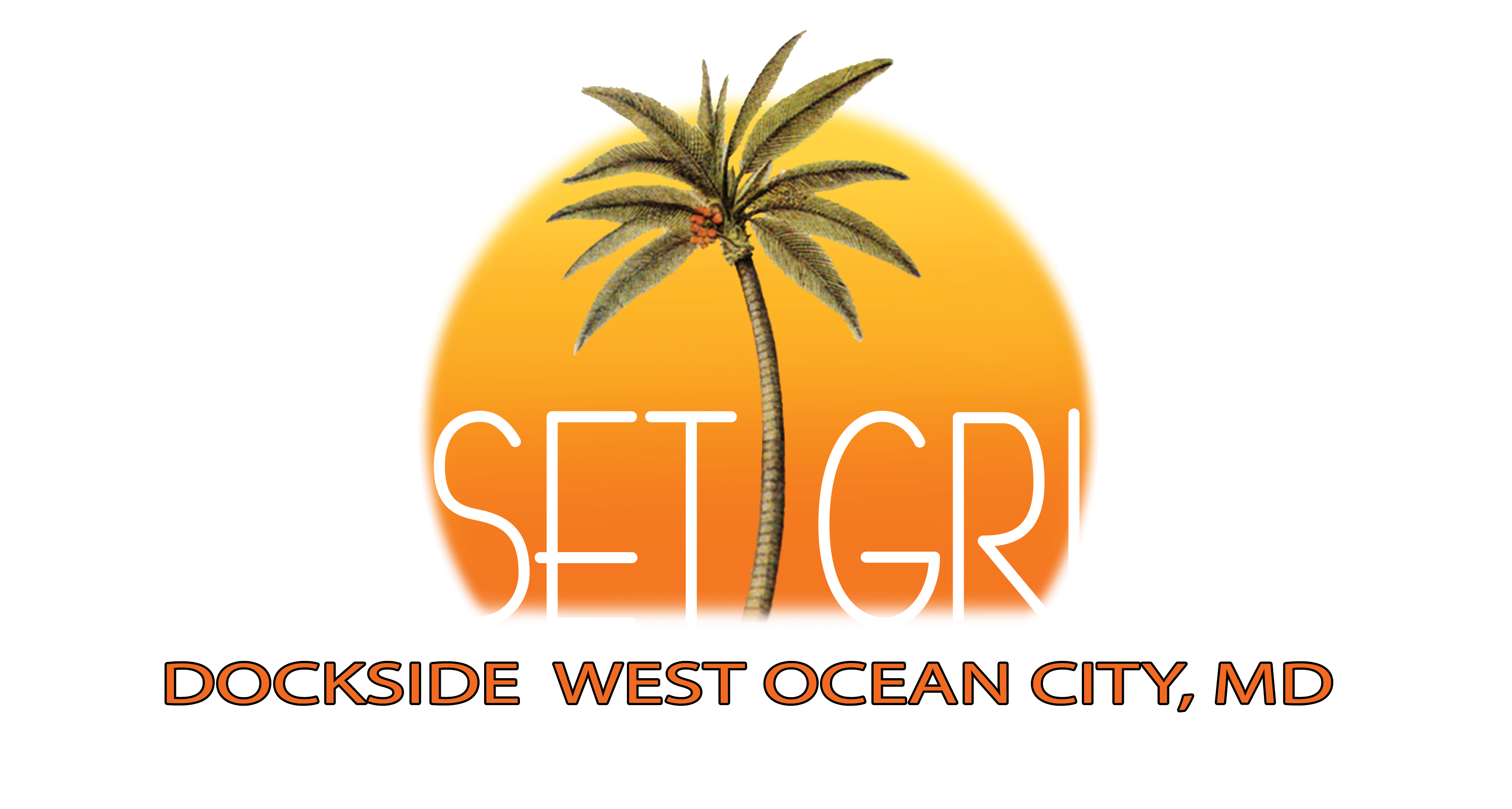 Sunset Grille logo with a plam tree in the middle